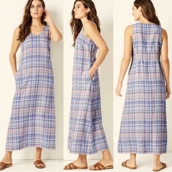 J. JILL Love Linen Madras Maxi Pastel Plaid Tank Pullover Dress PSmall Beachy - Picture 2 of 9